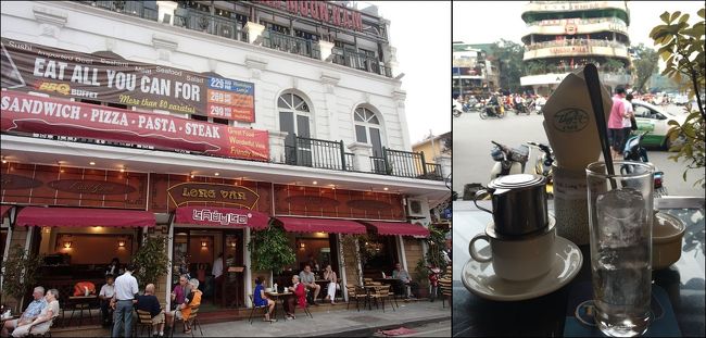 緊張しーしー歩いていたので、休憩したい。ってことで、ベトナムに来たら、まずはベトナムコーヒーでしょう！と決め込んでオープンカフェに入ってみました。メニューに「ベトナムスタイルのコーヒー」みたいな綴りを見つけ、指さし注文。お〜、きたきた。ボトボト落ちるまで待ちます。で、下にたまっているミルクをかき混ぜて…？かき混ぜて…？？いつまでたっても黒いまま…。どうやらブラックを頼んだみたい…。てか、ベトナムコーヒーにブラックがあるのかぁぁぁ〜、ベトナムコーヒーと言ったら、コンデンスミルクが付きモンじゃないのかぁぁぁ〜と思ってみても、黒いモンは黒い。後でメニューを見たら、ちゃんと「with condensed milk」ってのが別にありました。あ〜あ。皆さんも注文の時には気をつけましょう。<br />