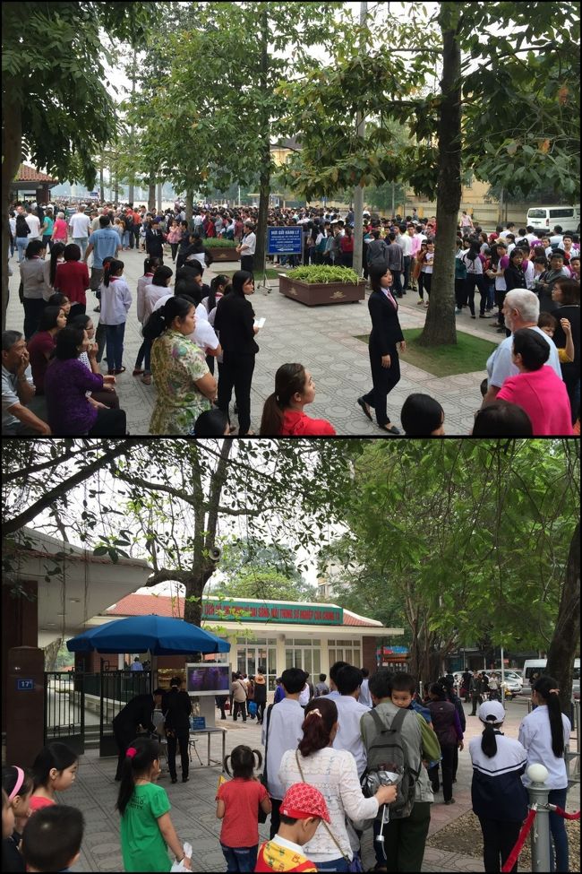 10分ほどで到着。Googleマップのナビを見ながら降りる手前で降車ブザーをならして無事に下車できました。んが、着いたらものすごい人！人！人！バス停がある所はちょうど団体用の入口付近のようで、個人でふらふらしていると、すぐに警備員？警察官？に叱られます。けっこう厳しい。じゃー個人の客はどうするかと言えば、バス停からはかなり離れた所にある入口から入ります。しっかし、この入口に至るまでの長蛇の列と言ったら、そりゃもうすごいもんで、絶望的。その上雨までも降ってきたので、どーでもよくなってきて、次へ移動します。					<br />