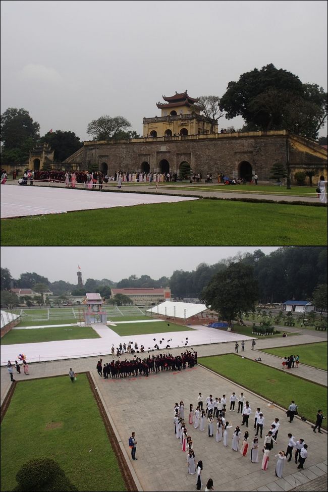 端門です。楼閣に登ることができます。端門の前では何やら学生たちが集まって記念写真を撮っています。よく海外の卒業式でなんかでみられる「帽子投げ」をしていますから、卒業記念？？って思ったものの、ベトナムの学校って9月スタートじゃなかったけ？日本と同じ3月に卒業？？ん〜〜よくわかりません。<br />