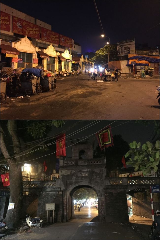 市場の裏手の路地を進んでいくと暗闇の中にいくつものリアカーが路上に点在していて商売をなさっている。ちょっと凄い世界。更に進み、ハンチェウ通りに出たら左折すると東河門があります。旧ハノイ城の門の一つだそうです。<br />