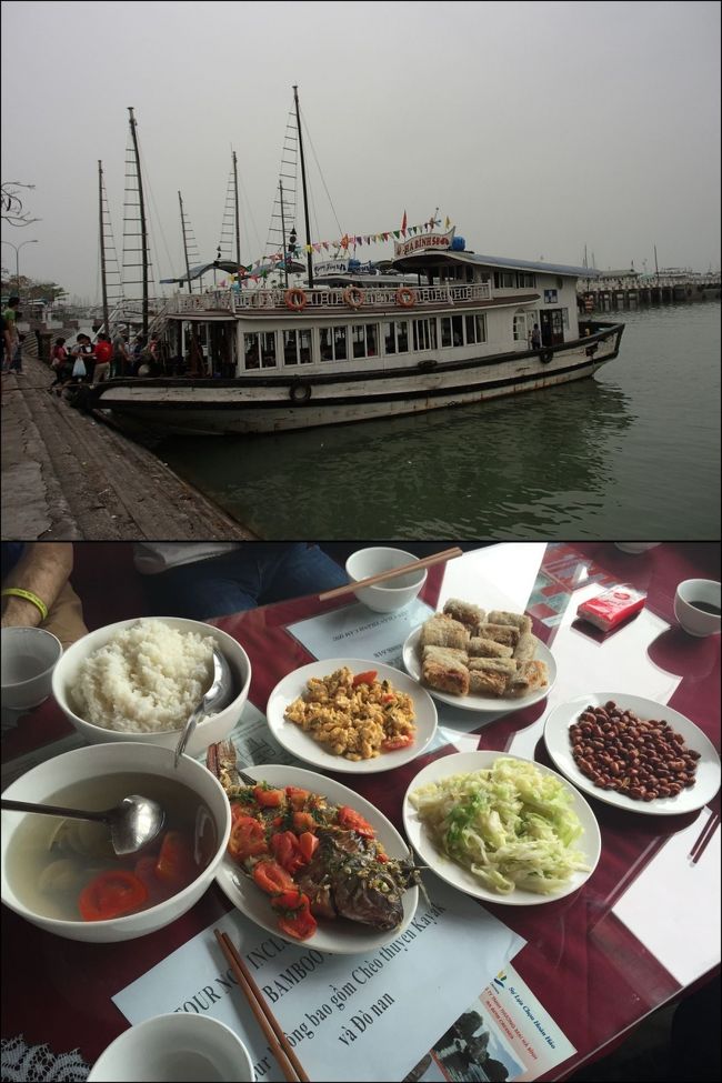 船に乗り込むと、6人ずつテーブルに座らされますが、これは最初のバンのメンバーごとではありません。空いているところから勝手に座っていきます。よってワタクシのテーブルは新メンバー。たまたま別のシンカフェの店で申し込んでやってきたという日本人の学生二人組と一緒になりました。聞いたところによると、彼らは30ドル＋税を徴収されたそうです。税って何？？自分が２２ドルだったこと言うと、「またぼったくられた〜〜」となげいていました。要するに現地ツアーの場合は、値段があってないようなモンなんだとうことがわかりました。てことは、２２ドルツアーはある意味正解でした。船が出港するとすぐに料理がドカドカ運ばれてきます。全く期待していなかったので、そこそこ美味しく食べられてよかったです。飲み物は別で20000VNDかかります。<br />
