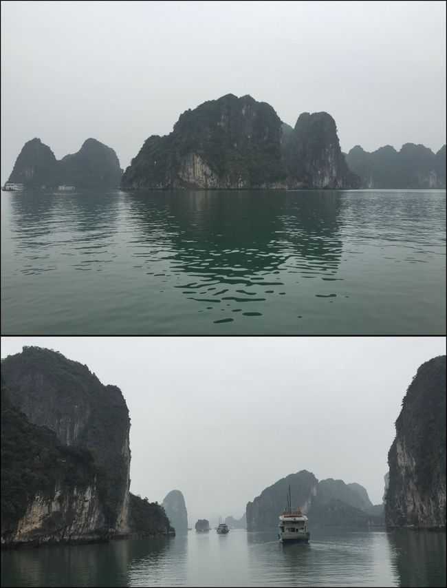 食べ終わる頃には、ガイドブックなどで見たあの光景が目の前に広がっていました。最初は１人でハロン湾ツアーに参加するのはキツいかな、やめておこうかな、なんて思ったりもしましたが、思い切って参加して正解でした。なかなかの雄大さです。<br />