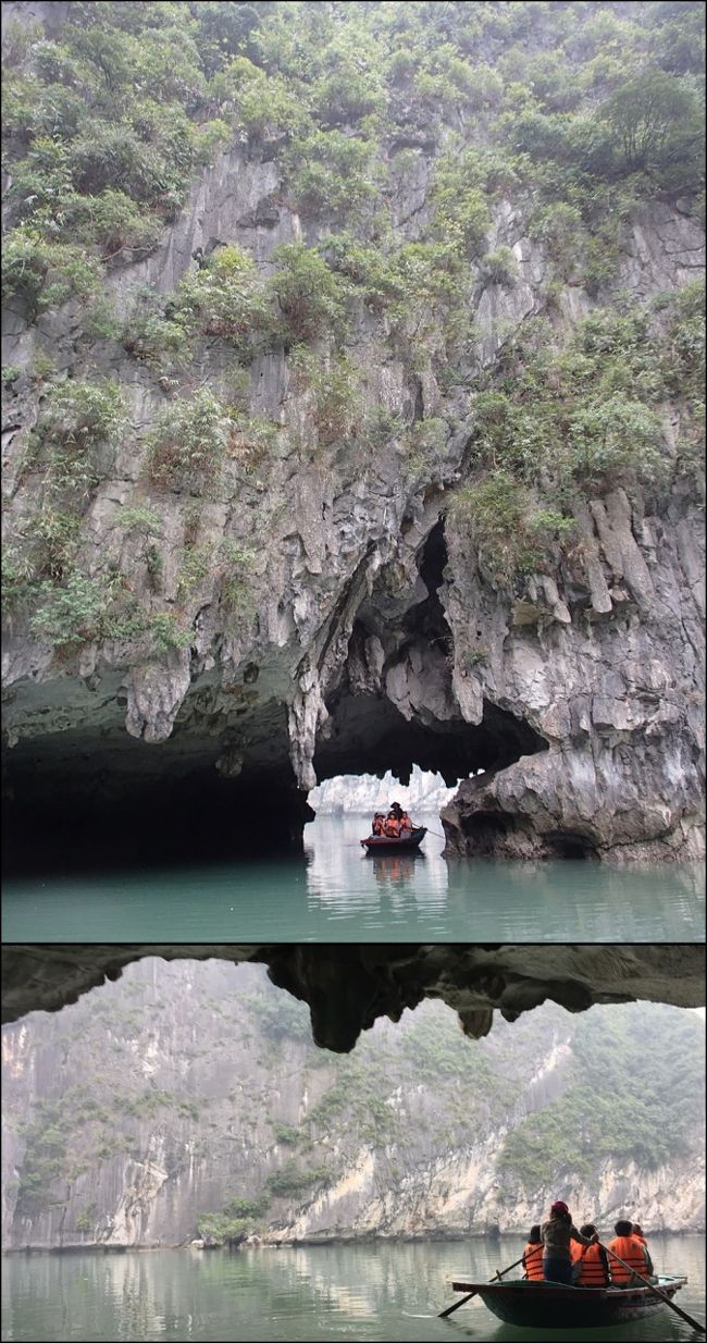 さて、しばらくすると奇岩洞窟を見学するため、下船します。自力でカヤックに乗って見学する人、バンブーボートに乗って見学する人、待機組とに分かれます。ここで問題発生。自分の支払ったツアー料金には何が含まれているかをきちんと確認していないと、騙されます。シンカフェで申し込んだ二人組は、料金に含まれていると言われたということで、バンブーボートに乗ったのです。自分もそういえばなんか舟が含まれているって言ってたなってことで一緒に乗りました。だって同じシンカフェのツアーなんだから。したら、漕ぎ手が金を払えというのです。我々はツアー代金に含まれていると主張したら、さっきまで愛想のよかったツアコンが鬼の形相で、金を払わないならとっとと降りろみたいなことを言うのです。じゃー、きっとカヤックの方が含まれているんだよって話しながら、カヤックの乗り場へ行こうとしたら、またツアコンが、お前たちのツアーには何も含まれていないから金を払えとまた言うのです。え〜〜〜。ど〜〜〜する？？。でもここまで来て桟橋で４０分近くも、ぼーーーっと突っ立っていても仕方ないから、払うかってことになって、バンブーボートに乗ることになりました。140000VNDぐらいだったと思います。日本円で7、800円かね、なんて言ってたんで。結果、確かに乗って洞窟をくぐって見ると、またクルーズ船の上で見ている風景とは違って面白かったのは事実です。ただ、世界遺産の割には、水面にカップめんやペットボトルなんかがプカプカ浮いているのはなんとかならんもんかなぁ…。<br />