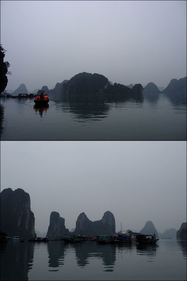 水上生活者の付近を横切り、もとの桟橋まで戻ってきます。<br />で、クルーズ船に乗り込みマッタリしていると、我々の所にツアコンがやってきて、君たち、カヤックは無料だったよとか言いやがるのです。はぁ〜〜〜！！！！はよぉそれを言えよって言ったら、カヤックに乗ると全身ずぶ濡れになるから、乗らずに正解みたいなことを言いやがる。２人組は、「またぼったくられた！！」とお嘆き。空港から旧市街までのタクシーでもぼったくられ、散々な目に遭っているということで、ホント災難。後でわかったことですが、ツアコンは各会社から名簿をもらっていて、そこには各人のツアー代金に何が含まれているか一覧になっています。だからそれをみせてもらって確認するようにしましょう。あと申し込み時の控えも、最初に取り上げられてしまうので、写メしておくといいかと思います。今思えば、申し込み時に係の人が控えに、withカヤック・鍾乳洞って書いてくれたことを思い出しました。<br />