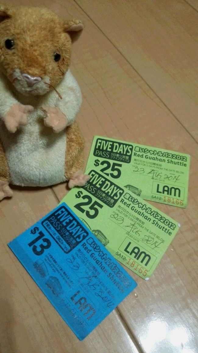 とりあえず切り上げてシャワーして、夜ご飯へ<br />ＧＰＯ方面に行きたいのです。赤いシャトルバス乗り場で５日間乗り放題チケットを購入。<br />このチケット、３人で６３ドルか〜。うちは、空港往復に使わなかったし、要らなかったかも？<br />夕食時は（１８時１９時）、渋滞？３０分待ちとかいっぱいで乗れず見送るとかありましたし。バス１回４ドルとタクシー併用の方がよかったかなぁ