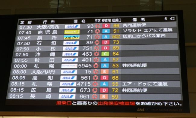 朝の羽田空港へ。<br />さすが週の真ん中、どの便も空いています。<br /><br />私の乗る石垣便は73番ゲートからの出発です。<br /><br />