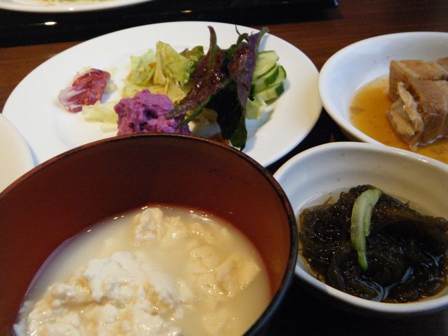 ゆし豆腐とモズクが美味しかった。胃にやさしいです。<br /><br />紅イモとブルーベリーのサラダは酸味があり、この日は受け付けませんでした。