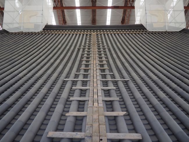 北側の屋根には、梯子のようなものが置かれています。