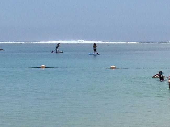 パドルサーフィンをする家族<br /><br />遠浅ですねー