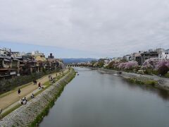 鴨川を渡り、祇園四条方面へ。
だんだん曇ってきました、本当に桜を見る時だけ晴れてくれてた…ラッキー。