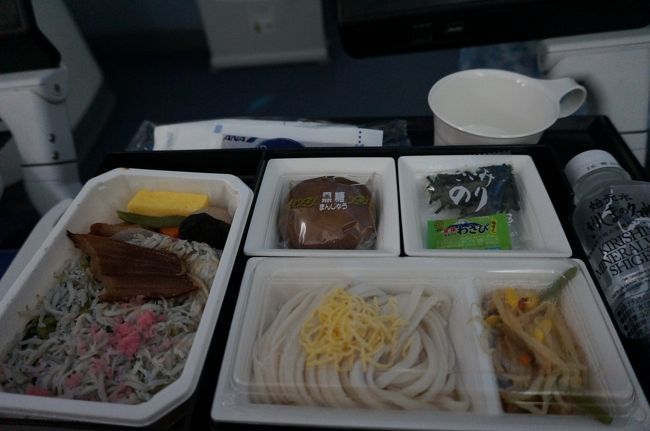 機内はほぼ満席。私はシラスご飯。<br />事前にHPでチェックしたのと違ったような。