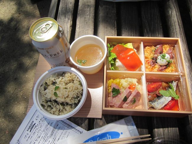 スープとご飯<br />４種のお惣菜がついて１０８０円<br /><br />ベンチの後ろからシカさんが首を突き出してきます。