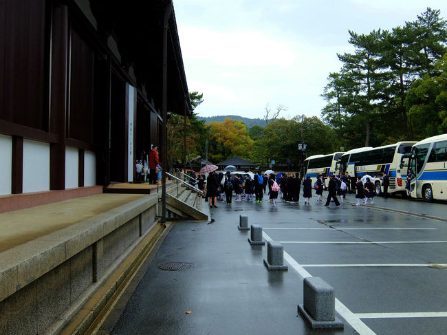宝物館前　修学旅行の生徒たち　雨で。。可哀想。<br /><br />　でも　最高の笑顔で宝物館へ<br /><br />　　先生、、大変。<br /><br />内部　撮影禁止<br /><br />　　仏頭　阿修羅、、お会いしてきました。