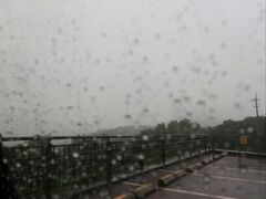 強い雨が降ってきたので、平久保崎から市街地に戻ります。
山道をひたすら走る…

眺めがいいというバンナ公園へ行ってみるも、、、
この大雨に霧で何も見えねえ。