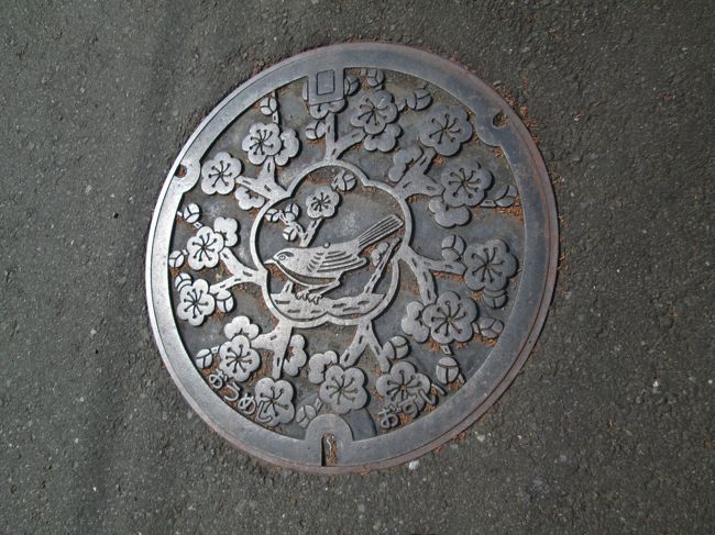 駅前のマンホール<br /><br />青梅市のシンボルの梅とウグイス