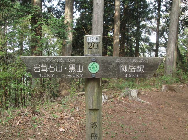 惣岳山（そうがくさん）は、東京都青梅市と西多摩郡奥多摩町との境界の奥多摩山域にある標高756mの山である。 高水三山と呼ばれる連山の一つである。山頂には青渭神社がある。 現地の詳細は岩茸石山の項を参照のこと。Wikipedia<br /><br />道標によれば岩茸石山〜惣岳山〜御嶽駅まで4.8Kｍ