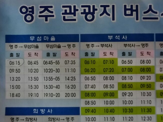 明日行く予定のムソム村という伝統村のバス時刻表をいただきました。<br />別名・水島里（スドリ）呼ばれてます。<br /><br />水島里行きのバスは、始発が朝6時15分、次は9時50分と遅いので明日は早起きして水島里に行きます。<br /><br />帰りは水島里を10時20分に出発。11時10分に栄州に到着のバスにしました。