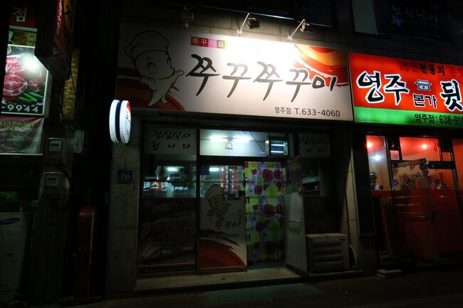 泊まる所が決まれば、夜はフリーなので外に出て栄州の街を散策。<br />明日は水鳥里行きの市内バスターミナルを探しに行きました。<br /><br />帰りに駅前通りにタコの料理のお店（チュクチュクミ）で遅い夕食。