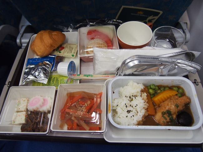 0時45分のフライトで成田へo(｀ω´ )o<br />晩御飯から時間も空いたので、<br />お腹空いてて、機内食もぺろりです。