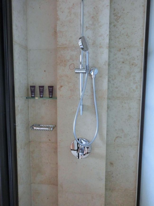 で、洗面台をはさんでのシャワーブースです。<br />バスタブから移動するのに、床がぬれてしまうので<br />バスタオルなどをひいて使いました。<br />どうして、こういう配置なんでしょうね。<br />日本人には向いてないかと思いますが。。