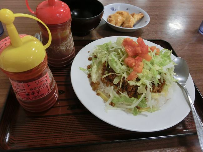 この日の夕食は、道の駅許田にあるフードコートで<br />タコライスを食べました。<br />うーん。。