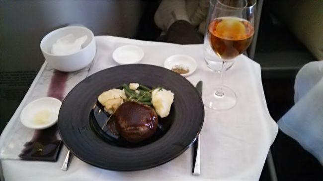 機内の昼食はインドネシア料理をリクエストしたら，売り切れで仕方なくヨーロピアン料理を食べました。でも味は悪くなかった！