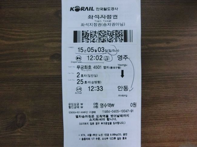 安東行き　ムグンファ号のチケット