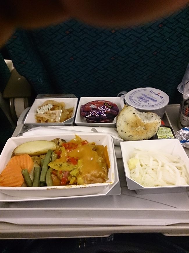 離陸後暫くして機内食が出ました。こんな感じです。後は到着前におにぎりor玉子パンを選べる軽食が出ました。