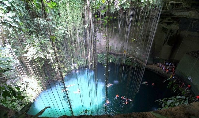 ◎神秘の泉セノーテをもつレストランで昼食後自由行動<br /><br />セノーテとは、石灰岩の陥没穴に地下水がたまった天然の井戸<br />別の日本人ツアーの人たちもライフジャケットをつけて泳いでいました。