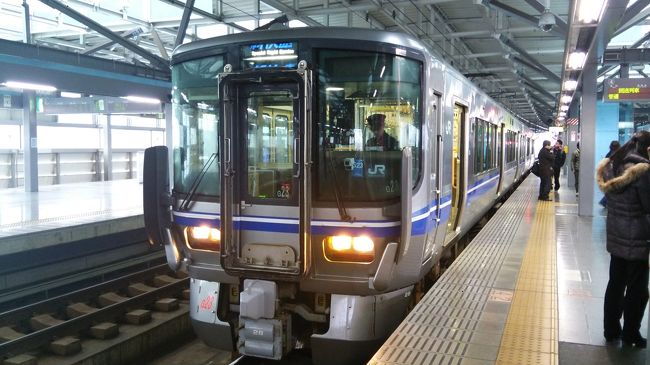 富山から乗った普通列車、新しい車両だが2両編成で混んでいた。