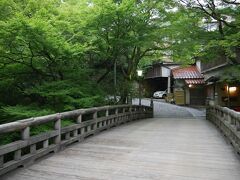 温泉街では名物のコロッケをいただきました。

温泉街の終わりまで歩いたら、こおろぎ橋へ。
木製の美しい橋です。