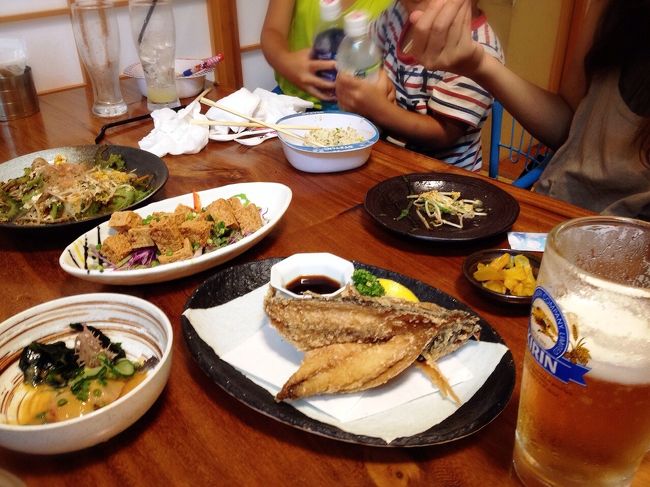 石垣島では同じく母子旅のお友達親子ちゃんと合流♪<br /><br />独身時代から一人旅大好き仲間です。<br />いつか子どもができたら一緒に母子旅しようね〜と言ってたのが叶いました☆<br /><br />ユーグレナモールをうろうろしたり、お土産ものを見ているうちにすっかり夕方。<br /><br />たまたま入ったお土産屋さんの店員さんにオススメのお店を聞いて行ってみました♪<br /><br />お店の名前は…忘れちゃいました(汗)<br /><br />どれもとっても美味しかった〜(*´ー｀*)<br /><br />しかもこのお店、オリオンの生中がなんと190円！<br />安い！<br />ビール好きの私にはとっても嬉しかったです♪<br /><br />石垣上陸に乾杯をして、美味しい沖縄料理を頂いて…<br /><br />あ〜幸せ〜…<br /><br />な夜でした♪<br /><br /><br />明日からいよいよ離島に渡ります！！<br /><br /><br />