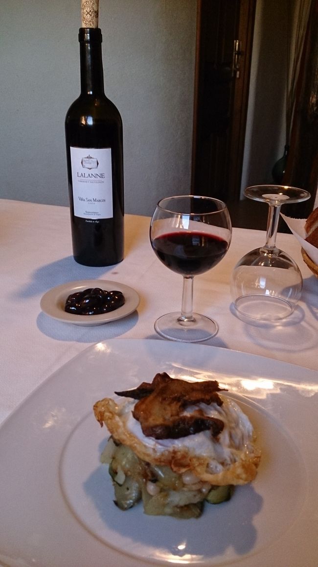 辺りにレストランも無いような所なので、夕食を頼んでありました。<br /><br />パンと一緒に頂くのに丁度良い塩加減。<br />野菜とビーンズの和えたものに目玉焼き、ボイルしたきのこが乗っています。<br /><br />地元のワインもご馳走してくれました。<br />赤ワインは渋めでした。