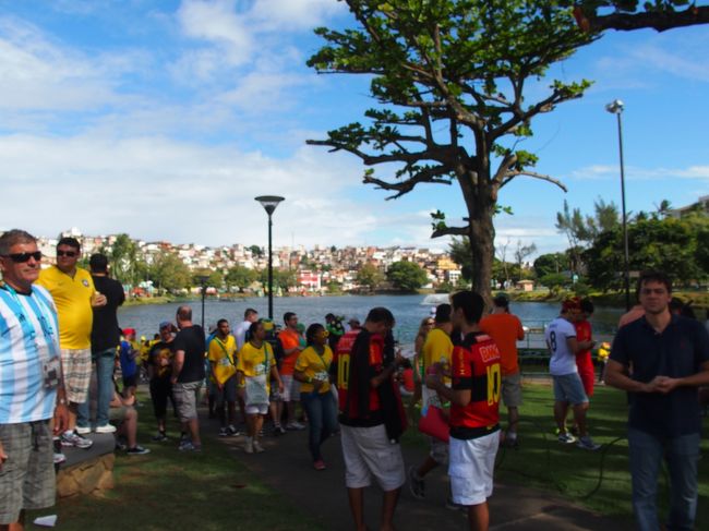 スタジアム前には池が