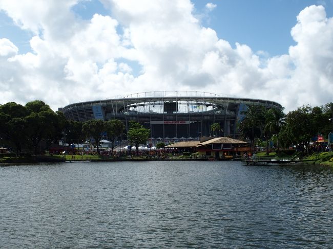 逆光なのが残念だが、池の向こうから見るスタジアムはこんな感じ