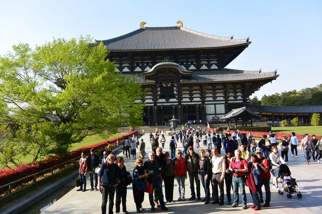 東大寺大仏殿前で、陽気な外国人観光客が記念撮影中。