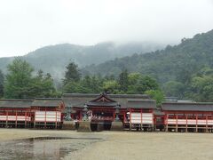 干潮の時だけ見られる、鳥居側から厳島神社を見たところ、水がすっかりひいている