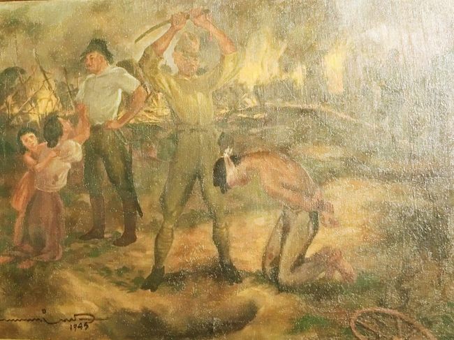 タイトル : 無題<br />作　者 ： Manuel Rodrigues<br />制作年 ： 1945年<br /><br />タイトルは無題となっているが、明らかに日本軍のフイリピン男性に対する処刑( 首を刎ねる ）の場面を描いたものである。