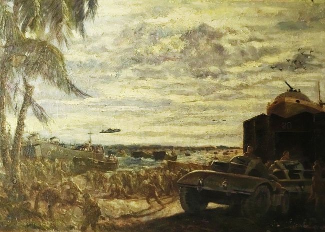 タイトル ： Landing of the Liberation Forces at Lingaen ( 解放軍のリンガエン上陸 ）<br /> 作　者 ： Eduardo Perrenoud<br />制作年 ： 不明