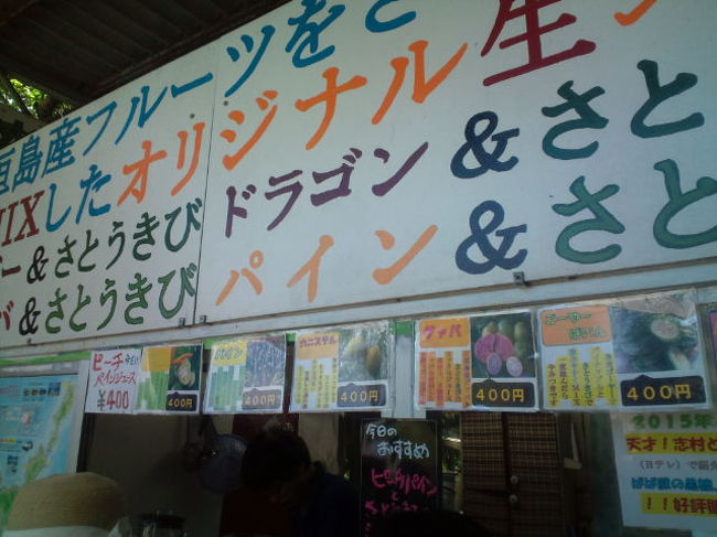 ここではさとうきびとパインの生ジュース小３００円をいただきました。<br />娘が飲んでいたのはカクニテルという果物だそうで、知らない果物もたくさんあるんですね。