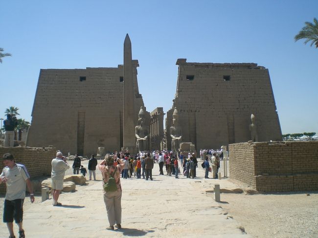 ルクソール神殿です。<br /><br />ルクソールはナイル川の西岸と東岸に分かれており、<br />西岸には王家の谷<br />東岸にはルクソール神殿と市街地が位置します。<br />ナイル川の行き来にはフェリーを使いました。<br />