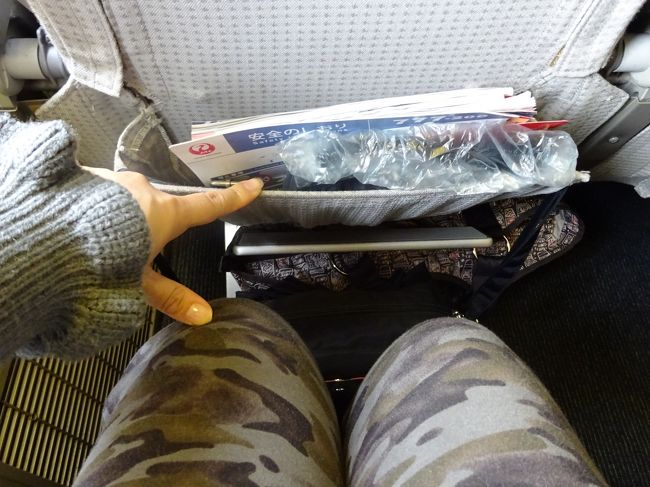 定刻通りに出発。ＪＡＬはこれがいいですね。<br />身長１５５.５センチ、少々太めの私が座ると、座席はこんな感じ。ご参考まで。