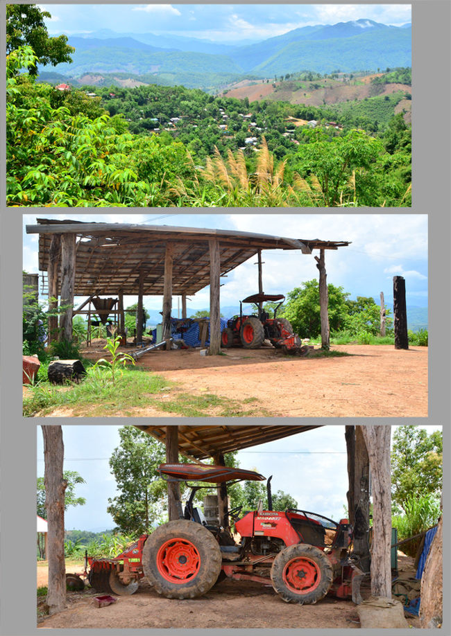 道路からはずれ高台へ、集落が見えます。<br /><br />ここには不思議な機械が、さすが日本が誇るKUBOTA、こんな傾斜のキツい場所でも使えるんですね。