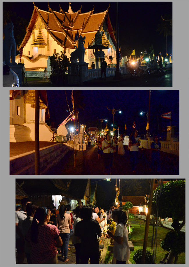 お寺がライトアップされ、お経が聞こえてきます、今日はタイの休日、ヴィサカブーチャ(仏誕節)　でした。