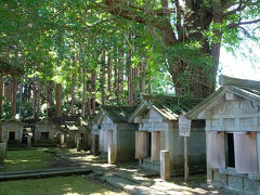 松前家のかたがたが眠る墓所。石で造られた小さなお堂の中に、五輪塔の墓が収められていました。墓所の中にも巨木が多く、写真右手のイチョウは、樹齢400年を超えるそうです。