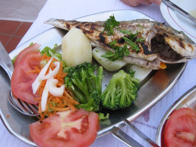 もう一品、魚メニューから適当に指さしたのがこれ。<br />dourado の塩焼き。<br /><br />ぜひ行ってみたいと思っていたモンサラーシュ。実現でき、天気も良くて本当によかった。<br /><br />明日はエヴォラに戻り世界遺産の街をじっくり見学します。