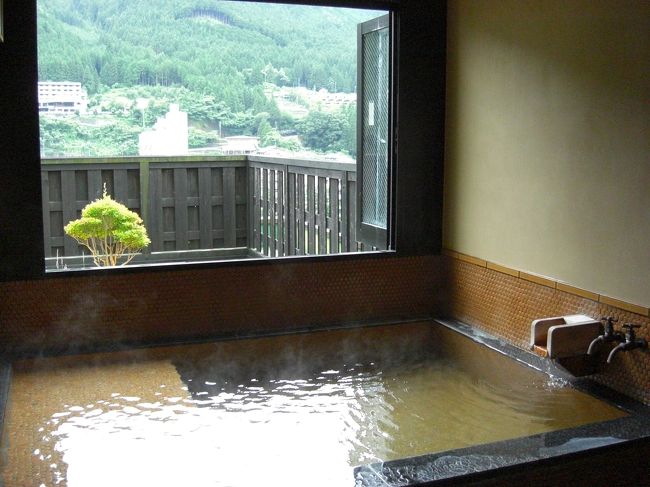 部屋から見たお風呂。源泉かけ流しで夜中でも入れるのでうれしい限り。