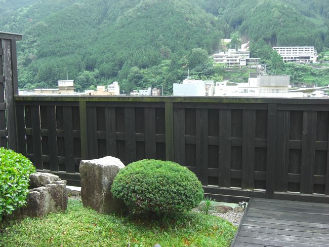 庭から見た川向の旅館たち。