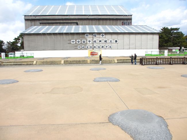 　南大門跡から見たと現在再建工事中の中金堂