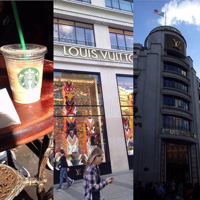 シャンゼリゼ通りまで行き<br />ヴィトン本店へ<br />あいにく長蛇の列で入館できなかった<br />残念・・・<br /><br />スタバで一息<br />パリって<br />ガムシロップないみたいで<br />シアトルラテで飲めるから良かったけど<br />隣のツーリストらしい人は<br />アイスコーヒーにホット用？のｽﾃｨｯｸｼｭｶﾞｰいれて混ぜ混ぜ<br />してました。。。溶けるの？？？